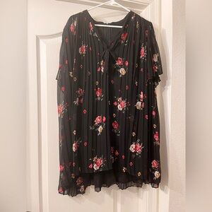 ZARA Black Floral Pleated Women's Top with Tie Neck